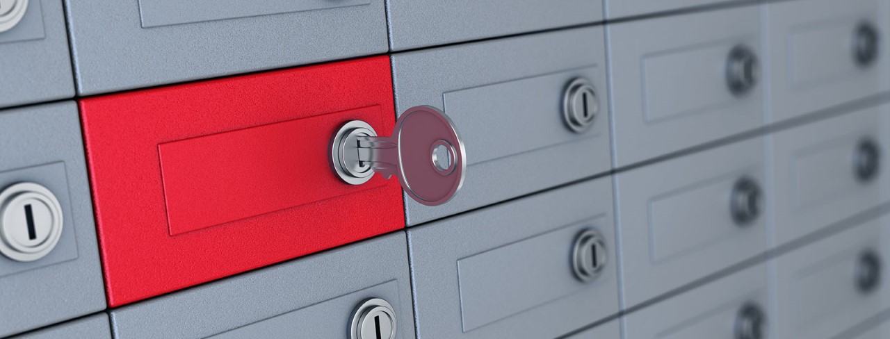 a red safe deposit box