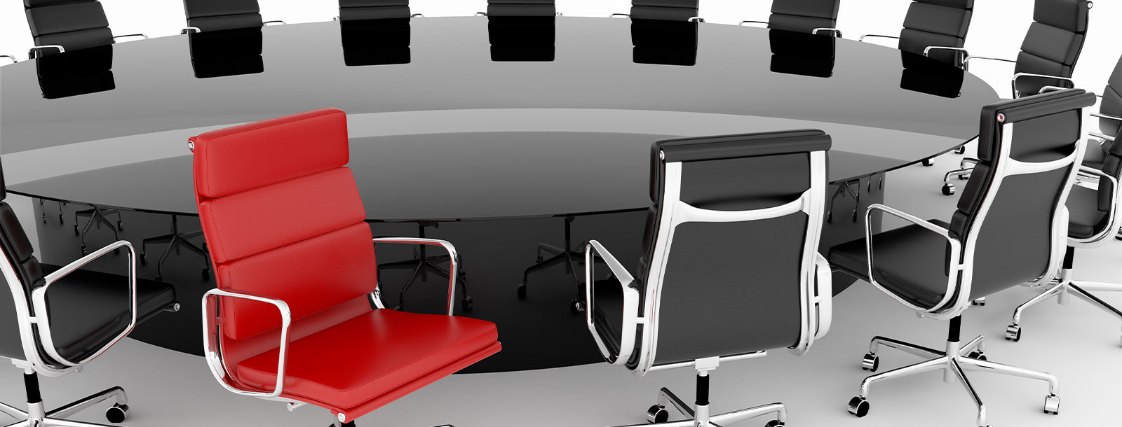 a red office chair surrounded by black office chairs