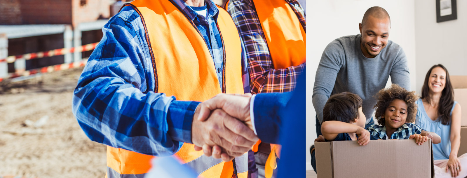 A collage of construction men shaking hands and a family moving into a new house